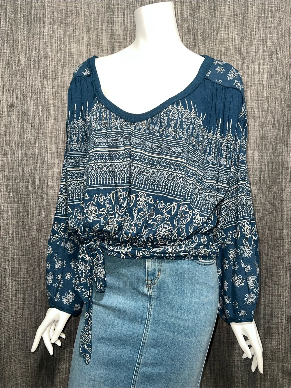 Free People Printed Blue Warrior Long Sleeve Open Back Top NWT XS